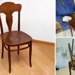 Parti di una sedia in legno con intarsi floreali. Una seduta viene rimossa, un'altra è fissata con morsetti.