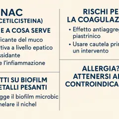 NAC (N-acetilcisteina): fluidificante, protettivo epatico, antiossidante, riduce infiammazione, agisce su biofilm e metalli pesanti. Attenzione a coagulazione e allergie.