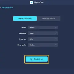 PigeonCast app settings for how to AirPlay from Mac to TV. Choose display, resolution, frame rate, and mirror quality before starting.