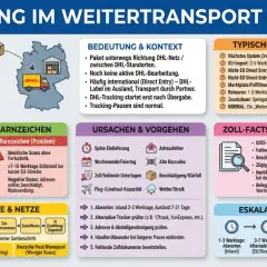 Infografik erklärt, was ist DHL Freight: Sendungen im Weitertransport, typische Dauer, Ursachen & Vorgehen bei Problemen.