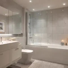 Entspannende bad beleuchtung ideen: Kerzenlicht und dezente Spots schaffen eine Wohlfühlatmosphäre im modernen Badezimmer mit Dusche und Wanne.