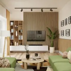 Nowoczesny salon z zieloną kanapą i różnymi rodzajami lameli na ścianie, tworzącymi ciepłą atmosferę.