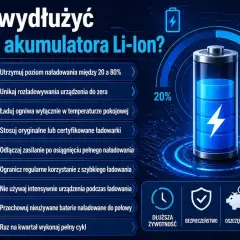 Wskazówki dotyczące ładowania akumulatora Li-Ion: utrzymuj poziom naładowania 20-80%, unikaj rozładowania do zera, ładuj w temperaturze pokojowej.