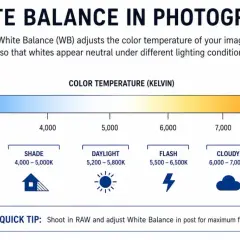 Diagram showing the Kelvin scale for white balance in photography, from cold to warm, with examples like tungsten, daylight, and cloudy.
