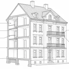 Schnittzeichnung eines Gebäudes, die zeigt, was eine Loggia ist: ein überdachter, nach vorne offener Anbau.