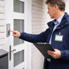 Mężczyzna w granatowej kurtce z identyfikatorem dzwoni do drzwi, trzymając teczkę. Czy ZUS kontroluje w weekend?