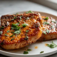 Soczysty schab w airfryer, idealnie przyrumieniony, posypany świeżą natką pietruszki. Pyszne danie gotowe w mgnieniu oka.