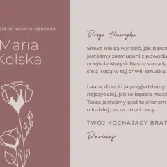 Ostatnie pożegnanie Marii Kolskiej. Kondolencje dla Henryka od brata Dariusza, wyrażające smutek i wsparcie.