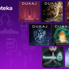 Okładki audiobooków Dukaja, w tym "Perfekcyjna niedoskonałość", na tle fioletowej grafiki z ikonami muzycznymi i słuchawkami.