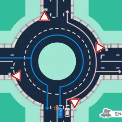 Schéma de circulation dans un rond-point avec des panneaux "Cédez le passage" et des flèches indiquant les directions.