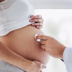Lekarz osłuchuje brzuch ciężarnej kobiety, która jest w 24 tygodniu ciąży. Słychać bicie serca dziecka.
