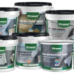 Zestaw produktów Ultrament: bitumiczny uszczelniacz dekarski, masy naprawcze i kleje do papy i gontów.