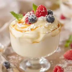 Crème chiboust onctueuse, garnie de fruits rouges frais, de coulis de caramel et saupoudrée de sucre glace. Un délice visuel et gustatif.