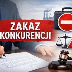 Biznesmen podpisuje dokumenty. Na tle symbole: zakaz konkurencji, waga sprawiedliwości, młotek sędziowski i fabryka.