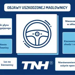 Objawy uszkodzonej maglownicy: wycieki płynu, stukanie, luz na kierownicy, nieszczelność, ciężko chodząca kierownica, nierównomierne zużycie opon.