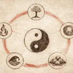 Cerchio di 5 elementi: fuoco, albero, metallo, acqua e terra, con simbolo Yin e Yang al centro.