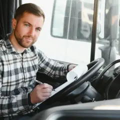 Un chauffeur poids lourd, chemise à carreaux, rédige sa lettre de motivation dans la cabine.