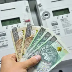 Dłoń trzyma polskie banknoty przed licznikami energii elektrycznej. Zastanawiasz się, ile prądu zużywa zamrażarka miesięcznie?