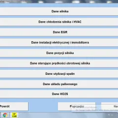 Ekran programu OP-COM do diagnostyki Opla, wyświetla listę grup pomiarowych: dane silnika, chłodzenia, EGR, instalacji elektrycznej, pozycji silnika, prędkości obrotowej, utylizacji spalin, układu paliwowego i HO2S.