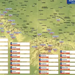 Mapa Polski z zaznaczonymi szczytami i ich wysokościami. "KGP co to?" - to pytanie może dotyczyć najwyższych punktów w Polsce, jak Rysy czy Śnieżka.