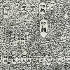 Obraz w stylu art brut: gęsty tłum twarzy z wąsami, niektóre większe, inne mniejsze, tworzące hipnotyzujący wzór.