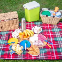 Co zabrać na piknik? Koszyk, termos, jedzenie: kanapki, owoce, wędliny, croissanty, chipsy i napoje.