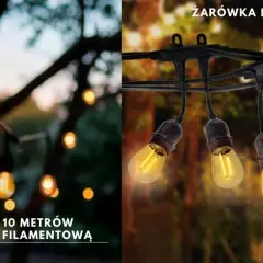 Girlanda 10 metrów z żarówką filamentową na zewnątrz. Ciepłe światło tworzy magiczny nastrój.