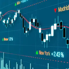 Aktienkurs-Chart mit Kerzen und Linien. Ein ETF für Private Equity zeigt positive und negative Entwicklungen in New York, Warschau, Mailand und Madrid.