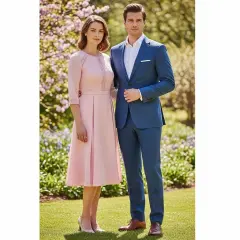 Elegancka para w ogrodzie. Ona w różowej sukience, on w niebieskim garniturze. Idealne stroje, jak się ubrać na chrzciny.