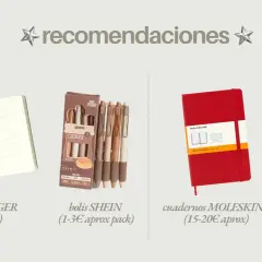 Ideas para journaling: cuadernos TIGER, bolis SHEIN, Moleskine y MUJI.
