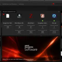 AMD Adrenalin Software zeigt zuletzt gespielte Spiele wie Escape from Tarkov und die Systemleistung an.