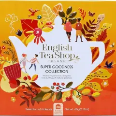 Pudełko herbaty English Tea Shop Organic z motywem jesiennym. Zawiera 36 saszetek 6 różnych mieszanek.