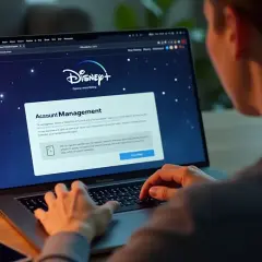 Osoba na laptopie przegląda stronę "Account Management" Disney+, szukając informacji, jak anulować subskrypcję Disney Plus.