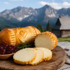 Tradycyjne oscypki z żurawiną na tle górskiej chaty. Poznaj, jak się robi oscypki, symbol Podhala.