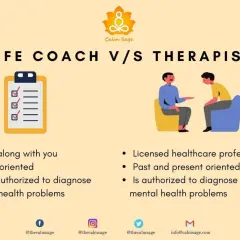 Infographic comparing coaching vs therapy. A checklist represents coaching, while two people talking in chairs represent therapy.