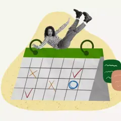 Une femme s'affale sur un calendrier marqué de croix et de coches, symbolisant le remboursement anticipé d'un PTZ.