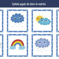 Urocze oznaczenia pogodowe dla dzieci: słońce, deszcz, burza, tęcza, wiatr, śnieg i mgła.