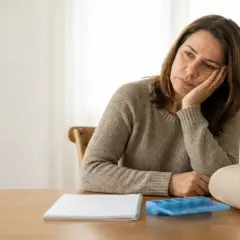 Donna con espressione stanca, appoggiata al tavolo, sembra avere sempre sonno. Sul tavolo ci sono un quaderno, un contenitore per il ghiaccio e una coperta piegata.