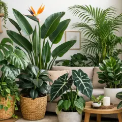 Un angolo verde con piante tropicali: Monstera, Strelitzia, Palma e altre, un vero giardino indoor.