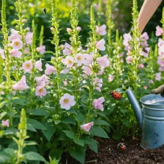 Un jardinier arrose des fleurs de hibiscus syriacus roses, tandis que des coccinelles et des abeilles butinent.