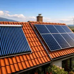 Un panneau solaire ou photovoltaïque sur un toit de tuiles rouges, avec un chauffe-eau solaire à tubes bleus à côté. Le paysage verdoyant et une éolienne en arrière-plan.