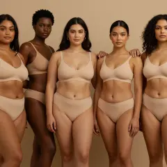 Cinco mujeres de diversos tipos de cuerpo posan en lencería color piel, celebrando la belleza de todas las formas.