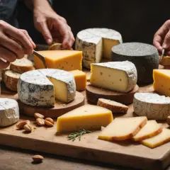 Plateau de fromages variés, dont un fromage de l'abbaye de Cîteaux, prêt à être dégusté avec du pain et des amandes.