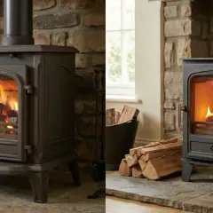 Zwei Gusseisenöfen, einer mit Kohle, der andere mit Holz befeuert. Ein Zeitbrandofen sorgt für wohlige Wärme.