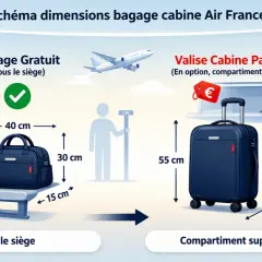 Schéma des dimensions des bagages cabine Air France : un sac sous le siège et une valise en soute.