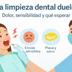 Una mujer en el dentista con la boca abierta, mientras un profesional con mascarilla realiza una limpieza. Se muestra que la limpieza de encías duele, con iconos de cara triste y placa dental.