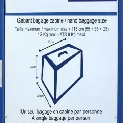 Panneau indiquant les dimensions maximales d'un bagage cabine : 55x35x25 cm.
