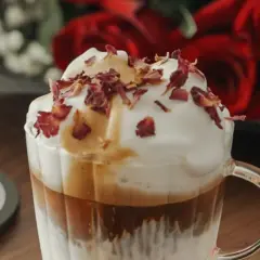 Ein köstlicher Mokka mit Milch, gekrönt mit cremigem Schaum und Rosenblättern. Im Hintergrund rote Rosen.