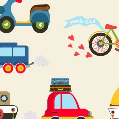 Ilustración de un proyecto de medios de transporte infantil: globo aerostático, moto, autobús, bicicleta, coche con maletas, barco de vela y barco de vapor.