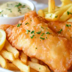 Chrupiąca ryba w cieście z frytkami, cytryną i sosem tatarskim. Idealny posiłek na szybki lunch.